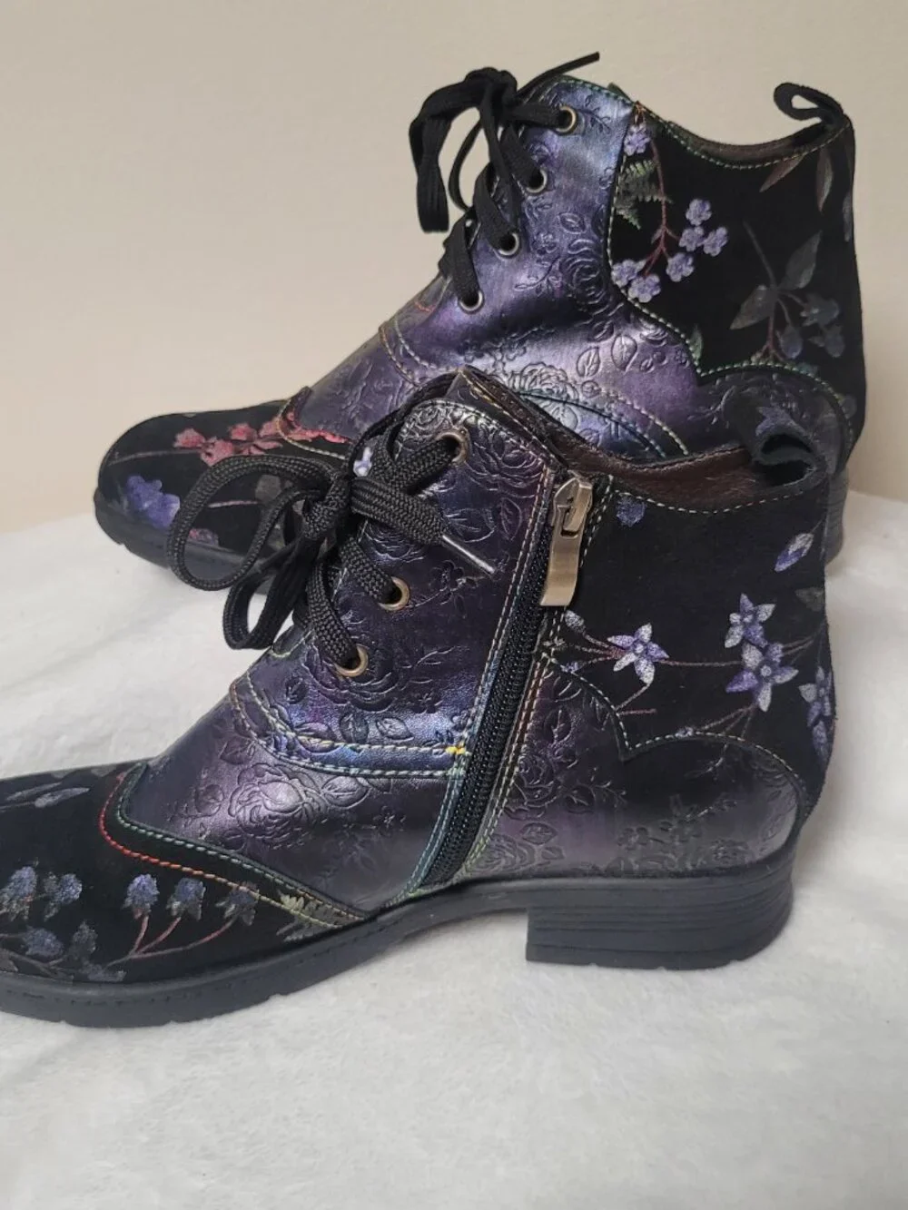 Floral Embossed Lace Up Ankle Boots Women’s Boho Combat Boot Side Zip Artsy Chic